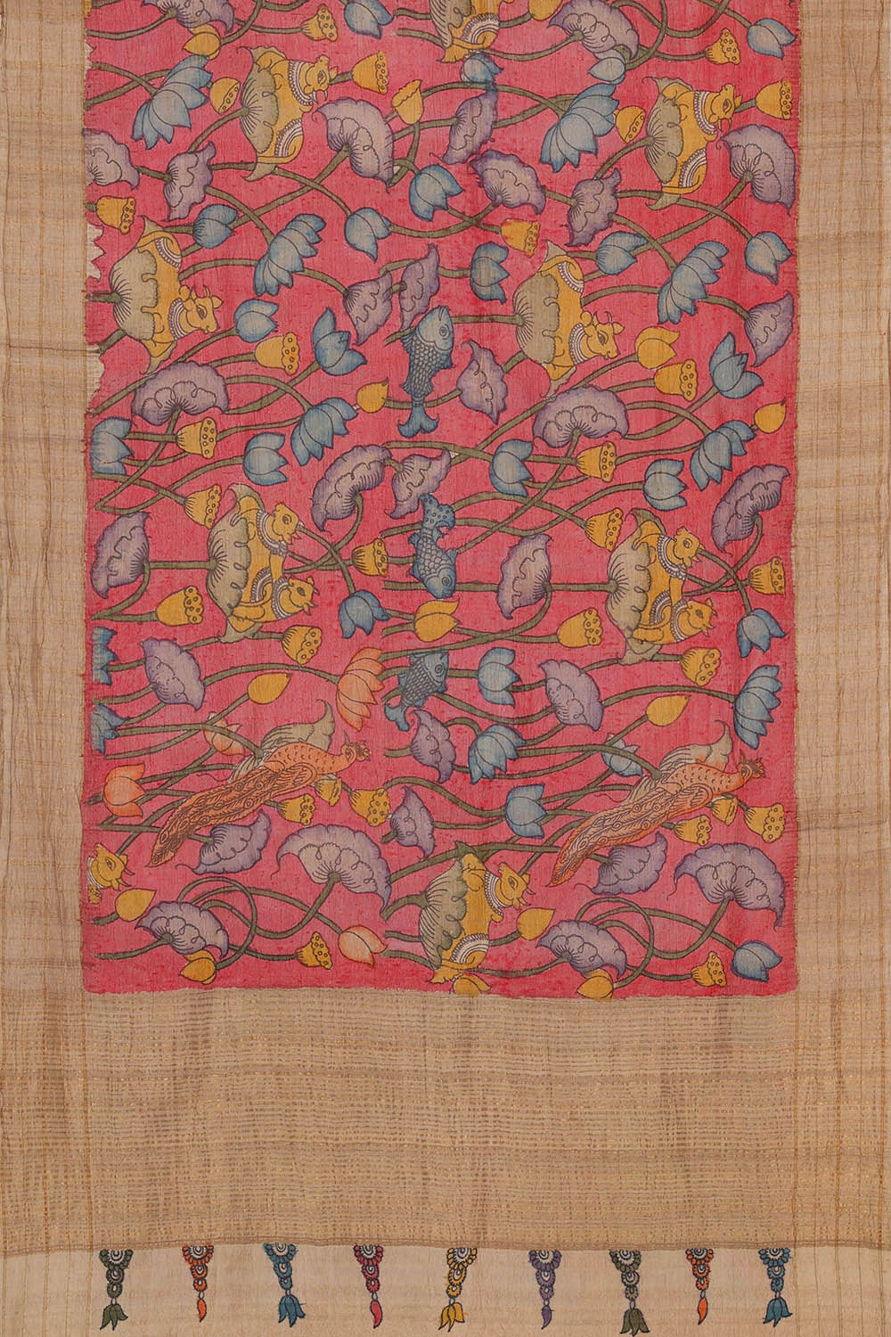 Image of Printed Tussar Kalamkari Pink Saree